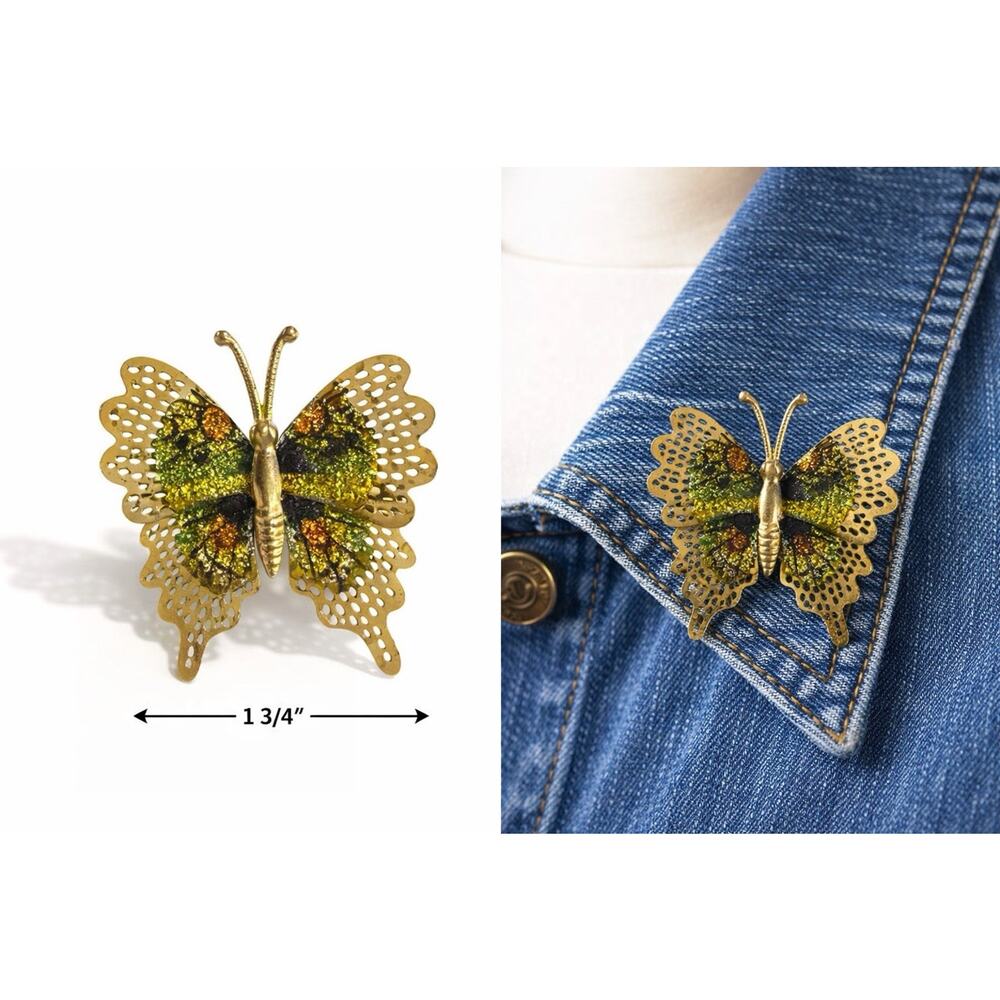 Vintage Butterfly Brooch Pin Gold Tone Filigree Enamel Glitter Lightweight